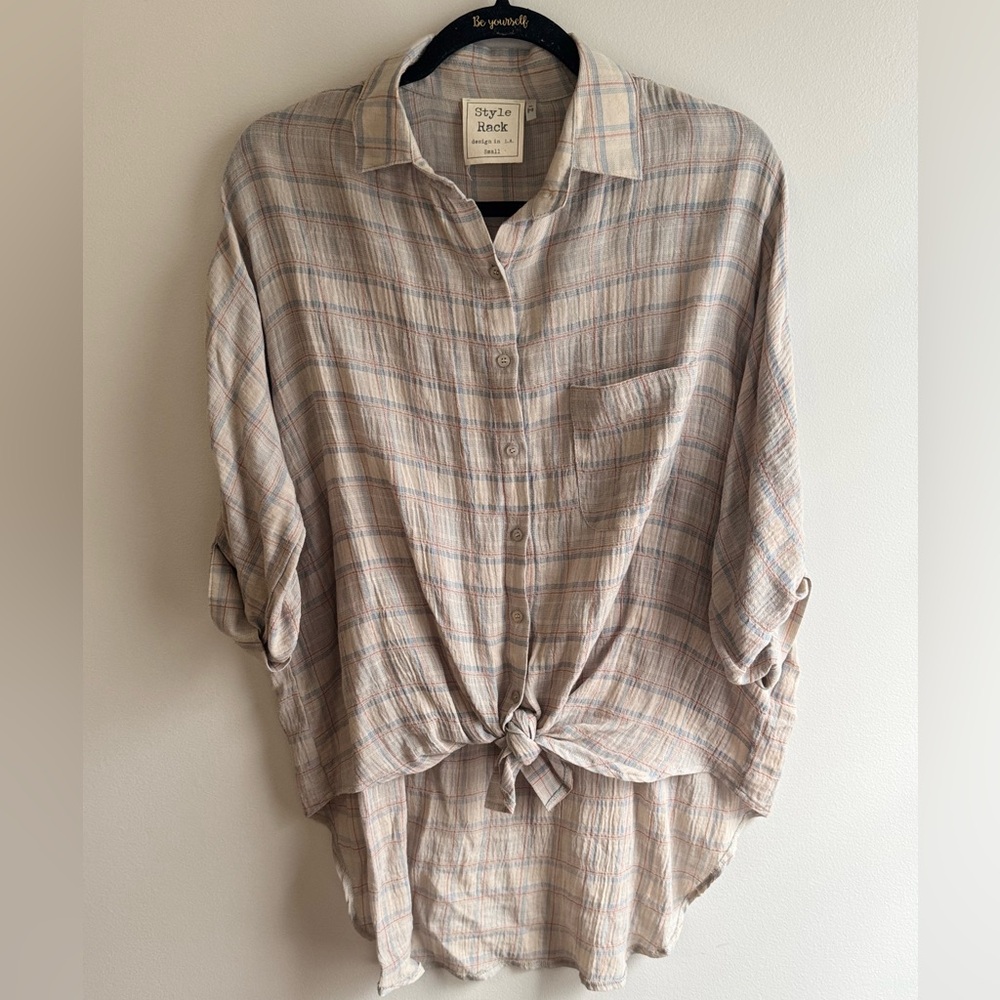 Style Rack from Vici Beige and Blue Plaid Button Down Shirt Womens Size S